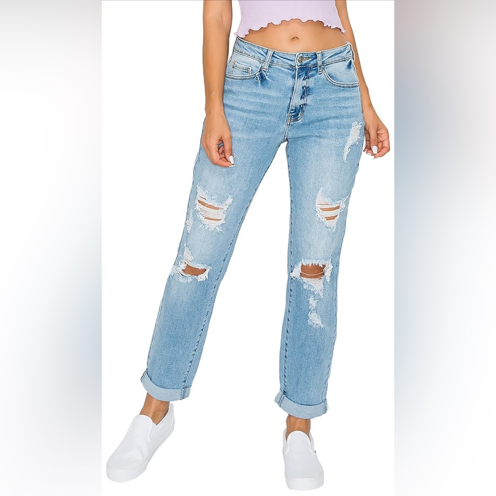 Wax jean Women's Boyfriend Jeans with Destructed Blown Knee and Rolled Cuff